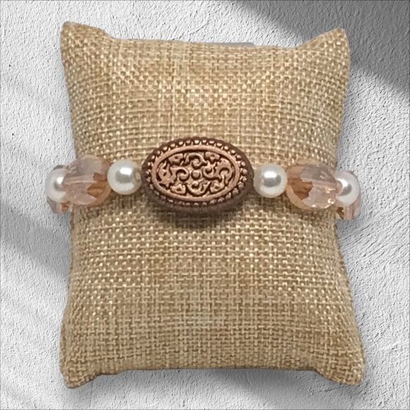 Handmade Bracelet Elegant Champagne & White Glass Pearls Stretchy Statement - Picture 2 of 4